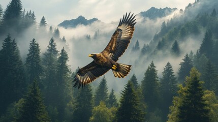 Fototapeta premium Majestic Golden Eagle soaring over a misty coniferous forest landscape with snow-capped mountain peaks
