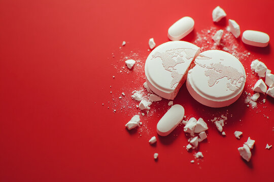 Two white pills with a map of the world on them, broken into pieces, scattered across a red background, symbolizing the fragility and disintegration of global unity.
