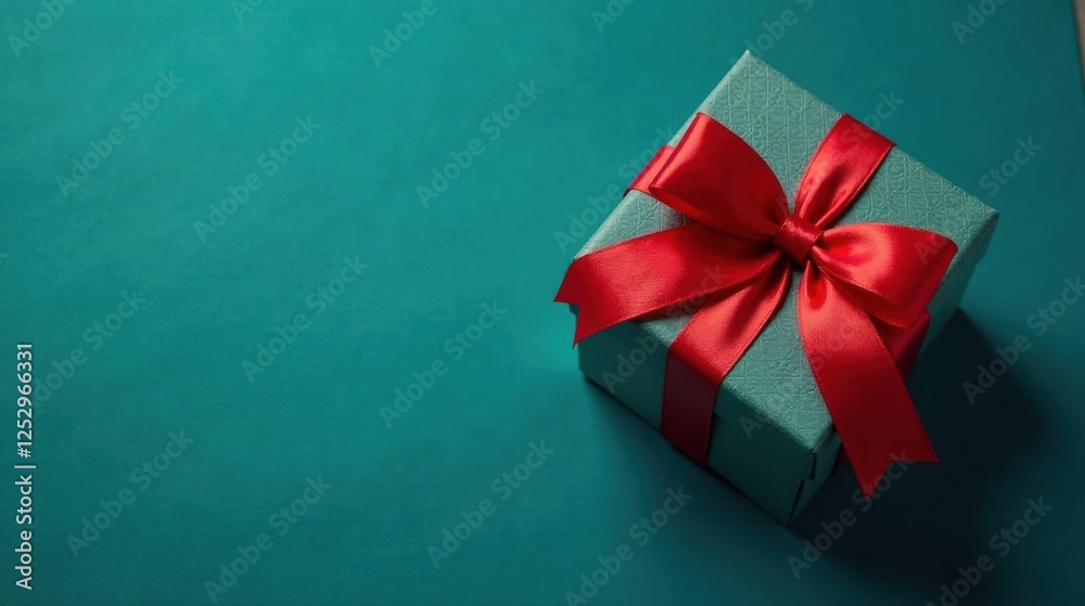 Poster a teal gift box with a vibrant red bow on a matching background