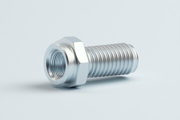 Single silver bolt on a plain white background with clean, detailed threading. Concept of precision and industrial components