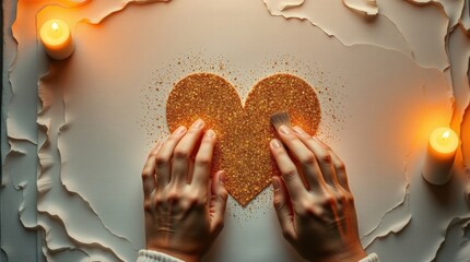 Warm candlelight, layered papier-mâché, and a spiritual, ethereal atmosphere. A glittering heart is created by a couple's hands delicately applying golden glitter on a canvas. Light aura, sculpted tex