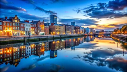 Fototapeta premium Dublin Skyline, Blue Buildings, River Reflection - Documentary Photography