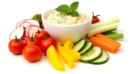 Vibrant arrangement of fresh crunchy vegetables with dip - promoting healthy eating - food blog or recipe site