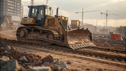 Bulldozer pushing soil on construction site closeup view industrial environment action scene for seo impact
