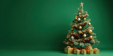 A Festive Holiday Scene Featuring a Decorated Evergreen Tree and Gold-Wrapped Presents Against a Deep Green Backdrop