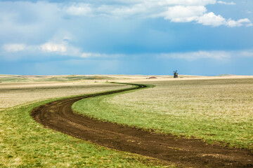 A dirt road winds through a field of grass in Arkaim Ural Russia