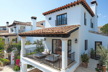 White villa with balcony, lounge chairs, and garden in sunny location