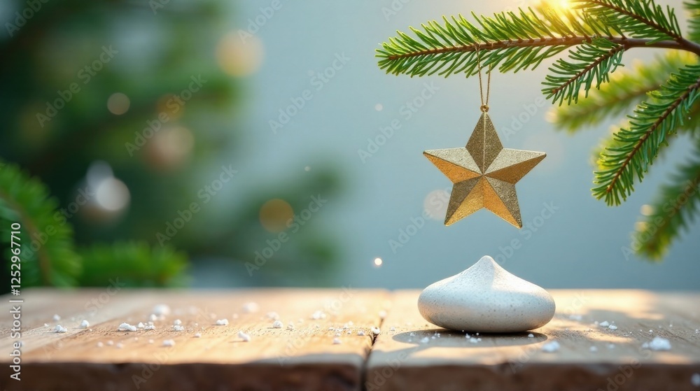 Poster a festive star ornament hanging from an evergreen branch above a delicate white confection on a rust