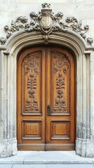 Ornate Wooden Door with Intricate Carvings and Elegant Archway Design