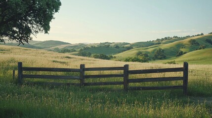 Obraz premium Serene Rural Landscape with Wooden Fence and Rolling Green Hills