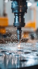 CNC machining Metal cutting, sparks fly, factory background, industrial process