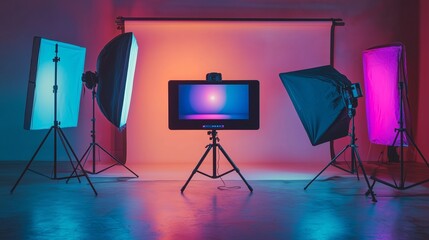 Innovative Photo Studio Setup with Colorful Backdrops and Lights