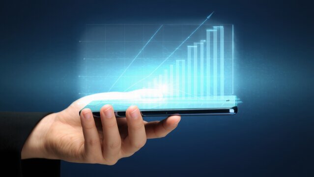 Increasing digital graph displayed on smartphone in business environment
