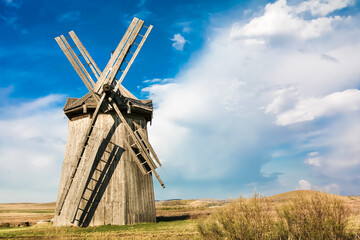 A windmill is standing in a field in Arkaim Ural Russia.