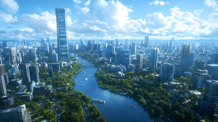 Naklejka premium River City Skyline Aerial View Modern urban landscape with lush greenery and waterway