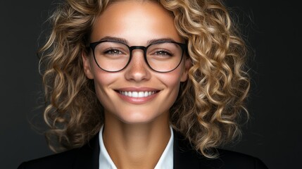 Obraz premium Woman with curly hair is smiling and wearing glasses. She is wearing a black jacket and a white shirt