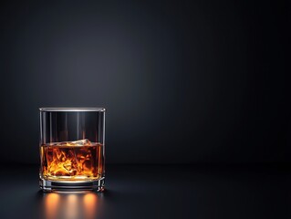 Glass of whiskey with ice on a black background in realistic photography showcasing a heat-resistant glass
