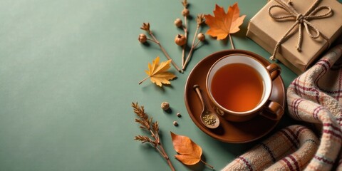 Obraz na płótnie Canvas Autumnal Warmth A Cozy Cup of Tea, Dried Botanicals, and a Gift