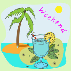 Illustration, banner on the theme of summer vacation, weekend. A refreshing drink, mojito, lemon, mint against the background of an exotic island with a palm tree in the hot, warm sea