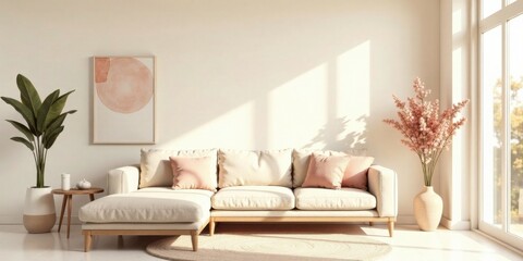 Serene Living Room with Neutral Tones and Natural Light, Featuring a Sectional Sofa and Stylish Decor