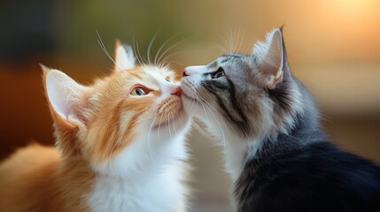 Two cats are looking at each other and one of them is licking the other. Scene is playful and affectionate