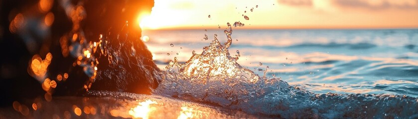 Sunset over tranquil waves splashing on rocks