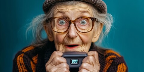 An old woman is holding a device with a screen that says 880. She is smiling and looking surprised