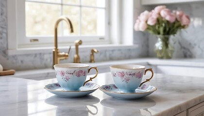 Fototapeta premium Elegant Tea Cups with Floral Design on Marble Counter in Kitchen