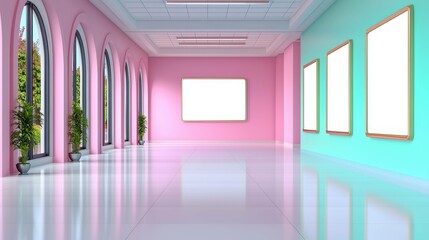 Aesthetic gallery with blank frames and vibrant walls.