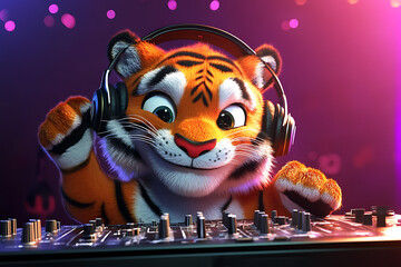 A lively animated tiger DJ mixing tracks at a vibrant music festival with colorful lights and a cheering crowd