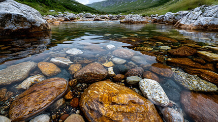 Obraz premium Crystal-clear mountain stream rocks, nature background, scenic landscape, travel photography
