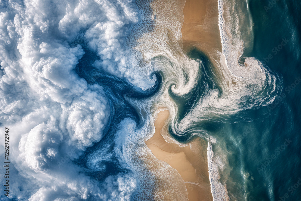 Poster aerial view of ocean waves crashing onto the shore, showcasing a dynamic swirl of foam and water, sy