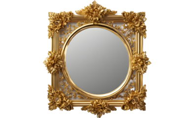 A decorative wall mirror with an intricate gold frame on a empty plain background