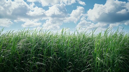 Fototapeta premium Lush Green Grass Under Bright Blue Sky with Fluffy White Clouds