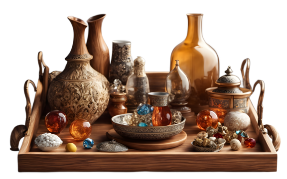 A decorative wooden tray with handles filled with decorative objects on a empty plain background