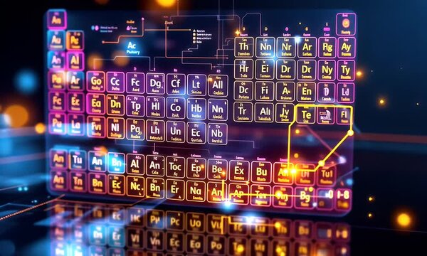 Glowing periodic table, science, technology, abstract background, education