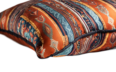 A designer accent pillow with a bold graphic pattern on a empty plain background