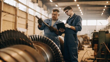 Mechanical engineers collaborating on industrial machinery documentation in workshop setting