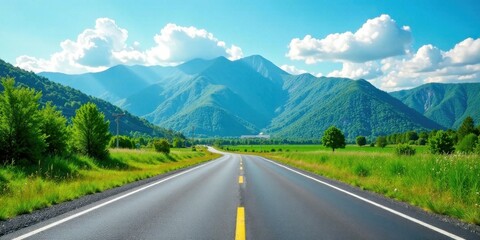 Fototapeta premium Asphalt Road Winding Through Lush Green Meadows Towards Majestic Mountains Under a Sunny Sky
