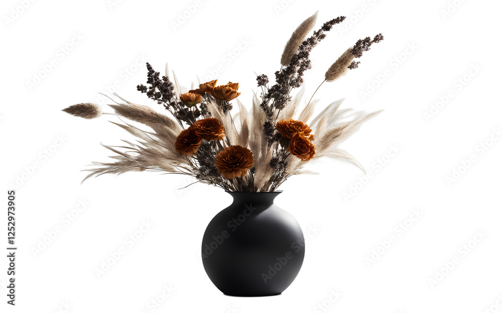 Poster a designer vase with a matte black finish holding dried flowers on a empty plain background