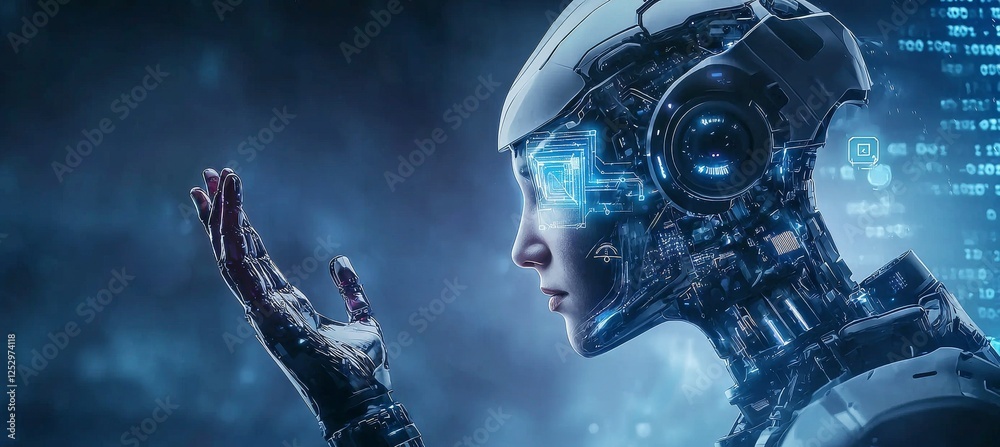 Poster exploring advanced robotics ai technology in futuristic environment digital art conceptual view