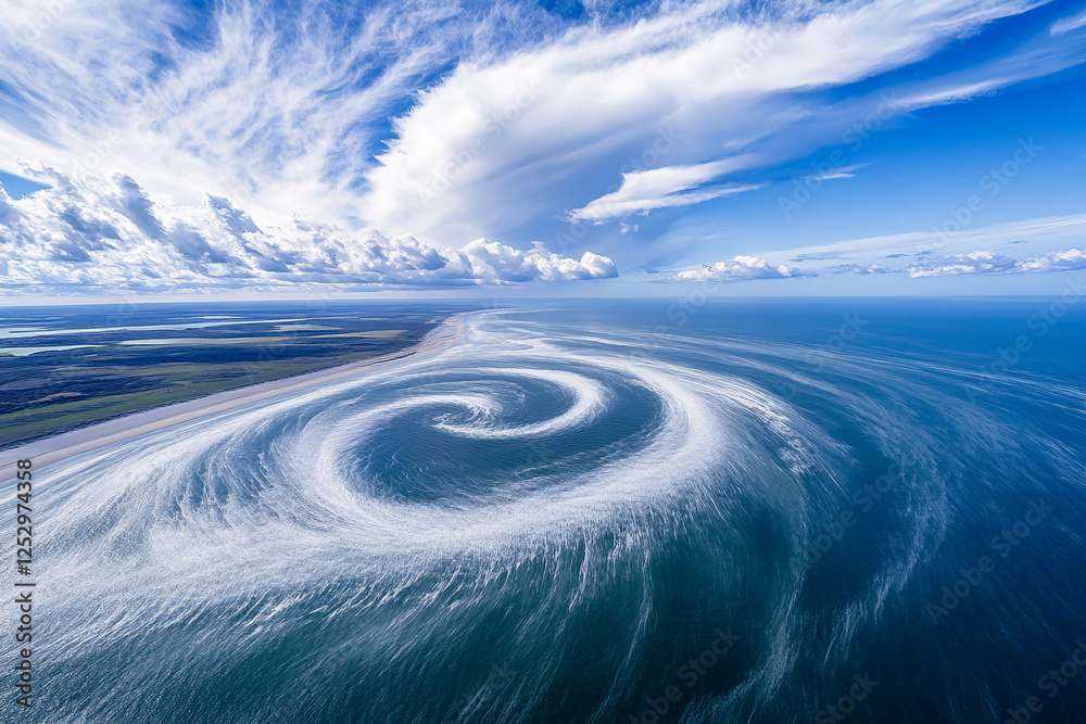 Poster Aerial view of swirling ocean currents and winds creating a dynamic, spiral pattern along the coastline, showcasing the natural forces at play in the sea and sky.
