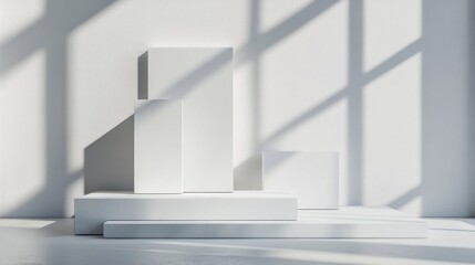 Fototapeta premium White boxes on platform, sunlit room, product display