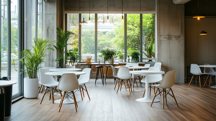 Obraz premium Modern open-plan office interior design with green plants, white tables and chairs, concrete walls, wooden flooring, and large windows