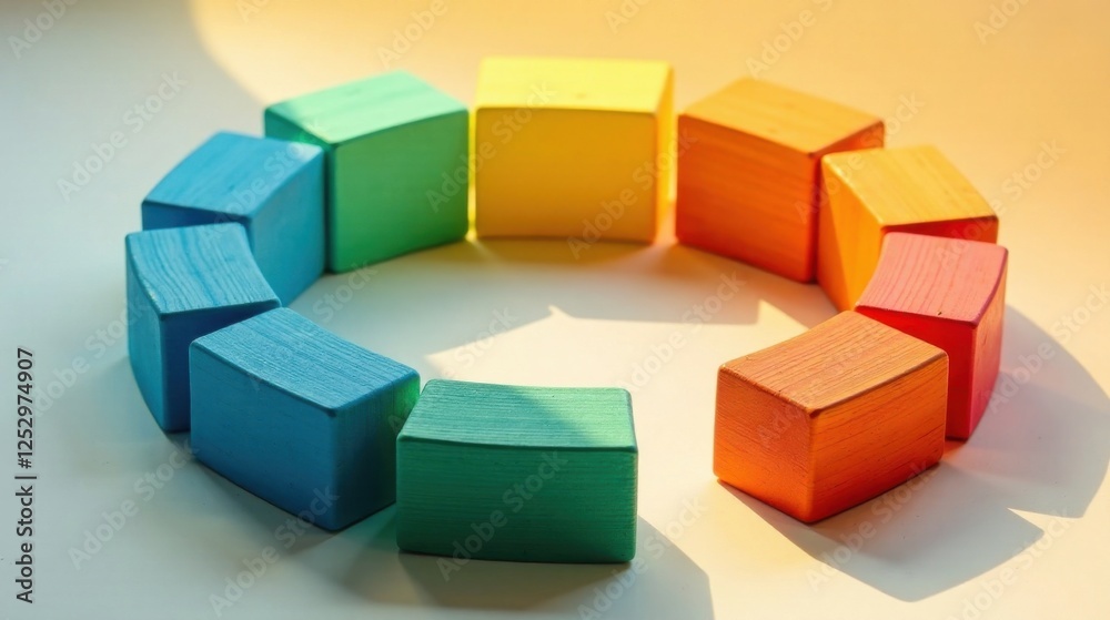 Aufkleber rainbow-hued wooden blocks arranged in a circular pattern, casting vibrant shadows on a light surfac