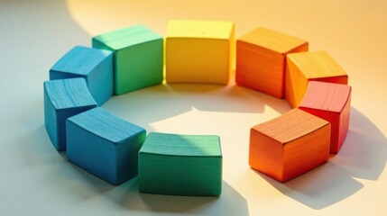 Fototapeta premium Rainbow-hued wooden blocks arranged in a circular pattern, casting vibrant shadows on a light surface