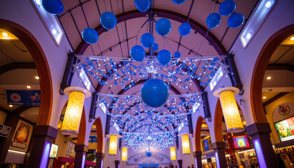 Oktoberfest decorations with blue and white balloons creating ambiance