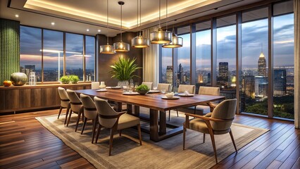 Fototapeta premium Elegant Modern Dining Room with Wooden Table, Soft Lighting & City View