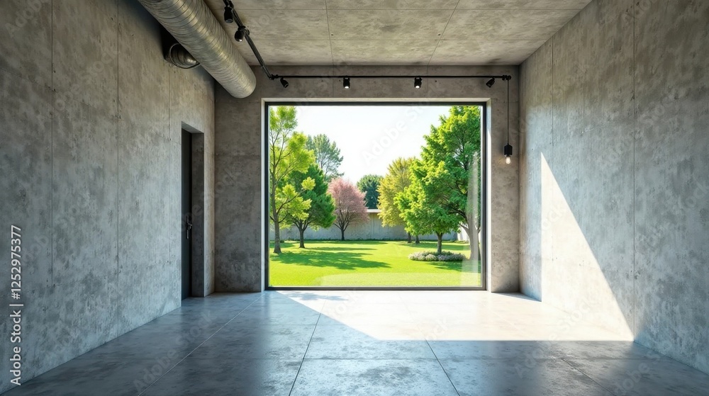 Poster spacious contemporary interior design showcasing a large window offering a serene view of a lush gre