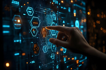 Futuristic Touchscreen Interface with Hexagonal Digital Icons and Neon Glow